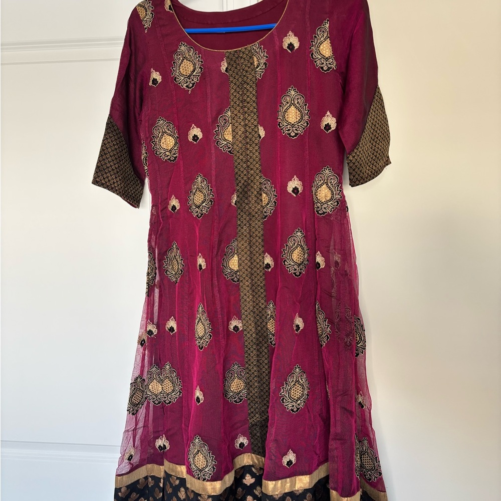 Elegant Maroon and Gold Women's Dress
